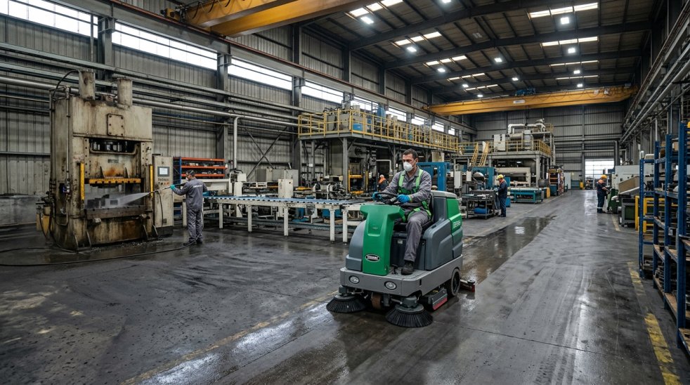 Worker operating floor scrubber cleaning industrial warehouse floor beside factory machinery