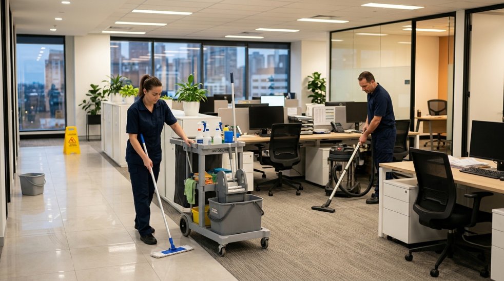 Janitors mopping and vacuuming a modern office workspace with cleaning cart, desks and glass walls