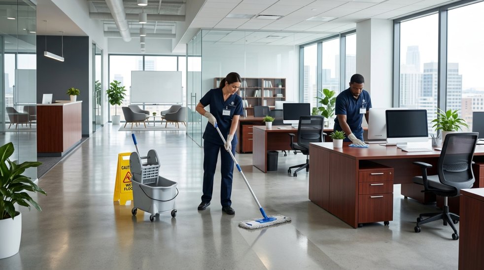 Office cleaners mopping floors and wiping desks in a modern open-plan office with large windows and workstations